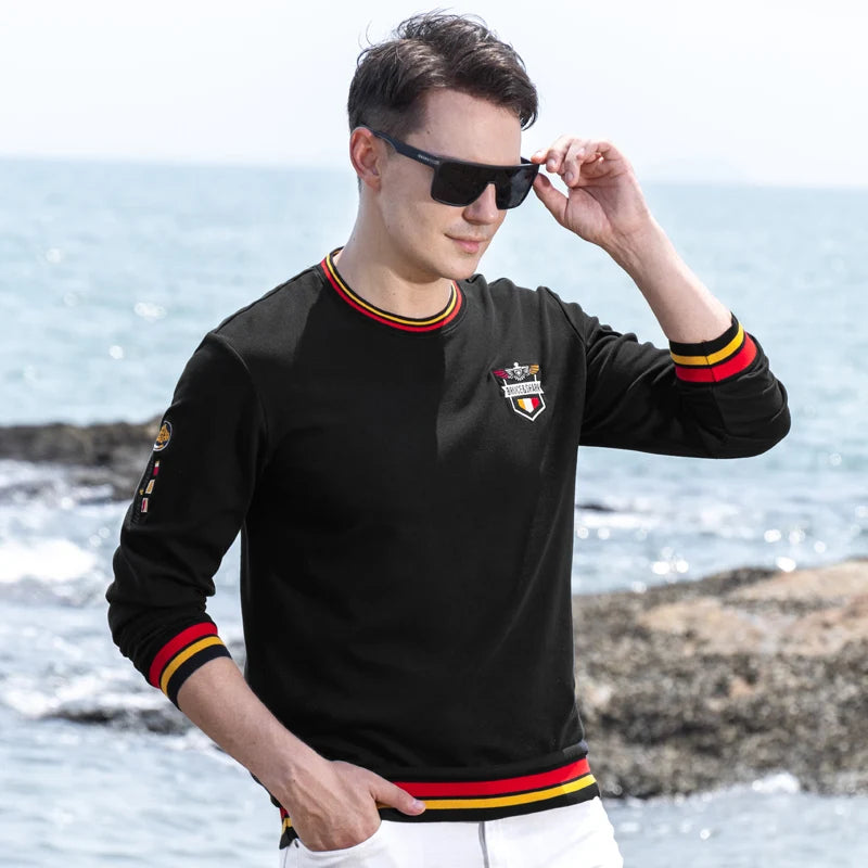Spring New Men' T-Shirts Round Neck Solid Color Long sleeved Tops Bruce&Shark Thicken Stretch Cotton Men's Clothing Korea Style