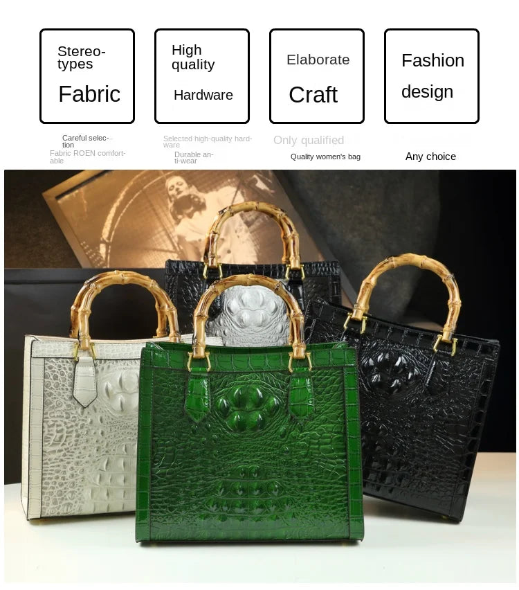 Crocodile Pattern Leather Women's Handbags Bamboo Handle Portable Tote Bag Mom Tide Shoulder Messenger Bags 2025 New Fashion
