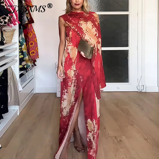 Spring Elegant Print Shawl Collar Holidays Dress Women Sexy Strapless Split Long Dress Summer Sleeveless Slim Party Maxi Dresses