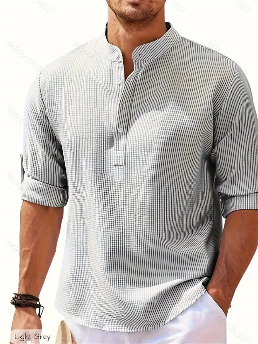 Men's Spring Shirts Solid Color Casual Henry Neck Long Sleeve Outdoor Simple Male Waffle top Thin Button Tops