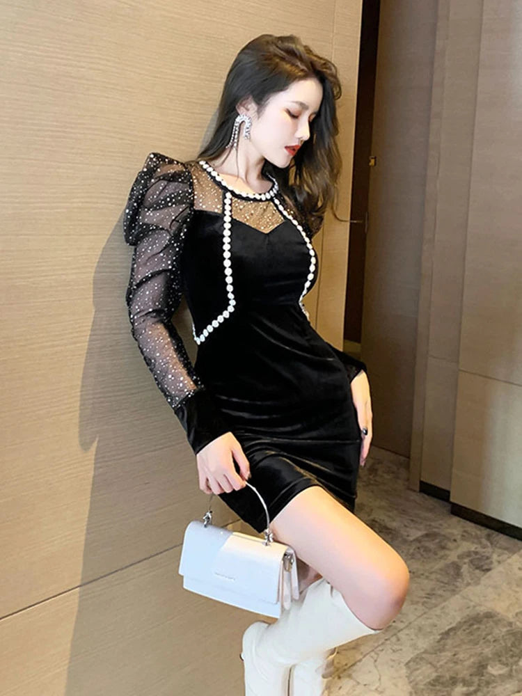 Spring Women Mini Dress French Court Retro Black Mesh Patcchwork Appliques Flower Puff Long Sleeve Bag Hip Vestidos Para Mujer