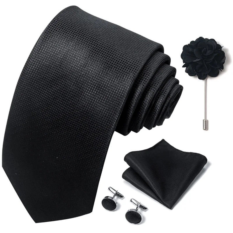Luxury Mens Ties Floral Black Gold Ties Paisley NeckTie Pocket Square Cufflinks Brooch Set Men's Wedding Party Tie