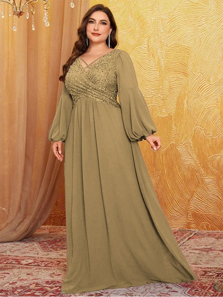 Plus size pink sequined long-sleeved sequined floor-length chiffon evening dress Big Size luxury sparkling banquet Prom Gown
