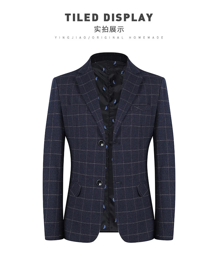 2024 New Spring and Autumn Coat Middle-aged Slim Fashion Handsome All Matching Plaid Suit Men Casual Polyester Blazer Mujer