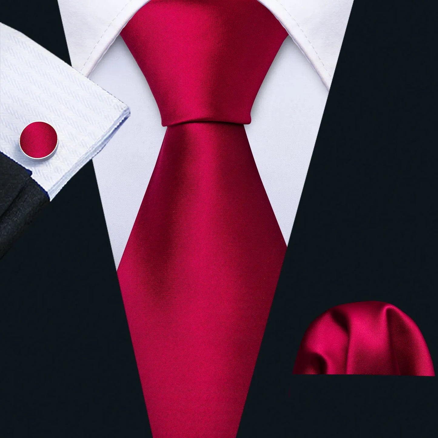 Barry.Wang Red Maroon Burgundy Rose Silk Men's Tie Pocket Square Cufflinks Set Jacquard Necktie for Male Wedding Business Party