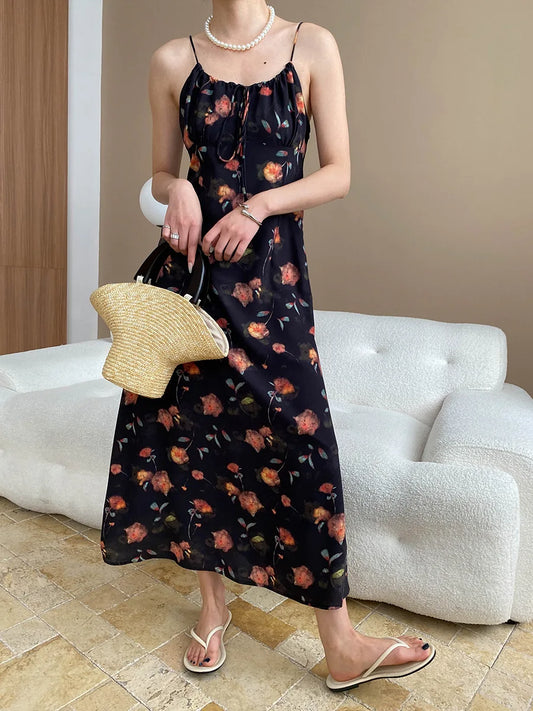 Spring and summer women's casual flower print slim fit suspender dress