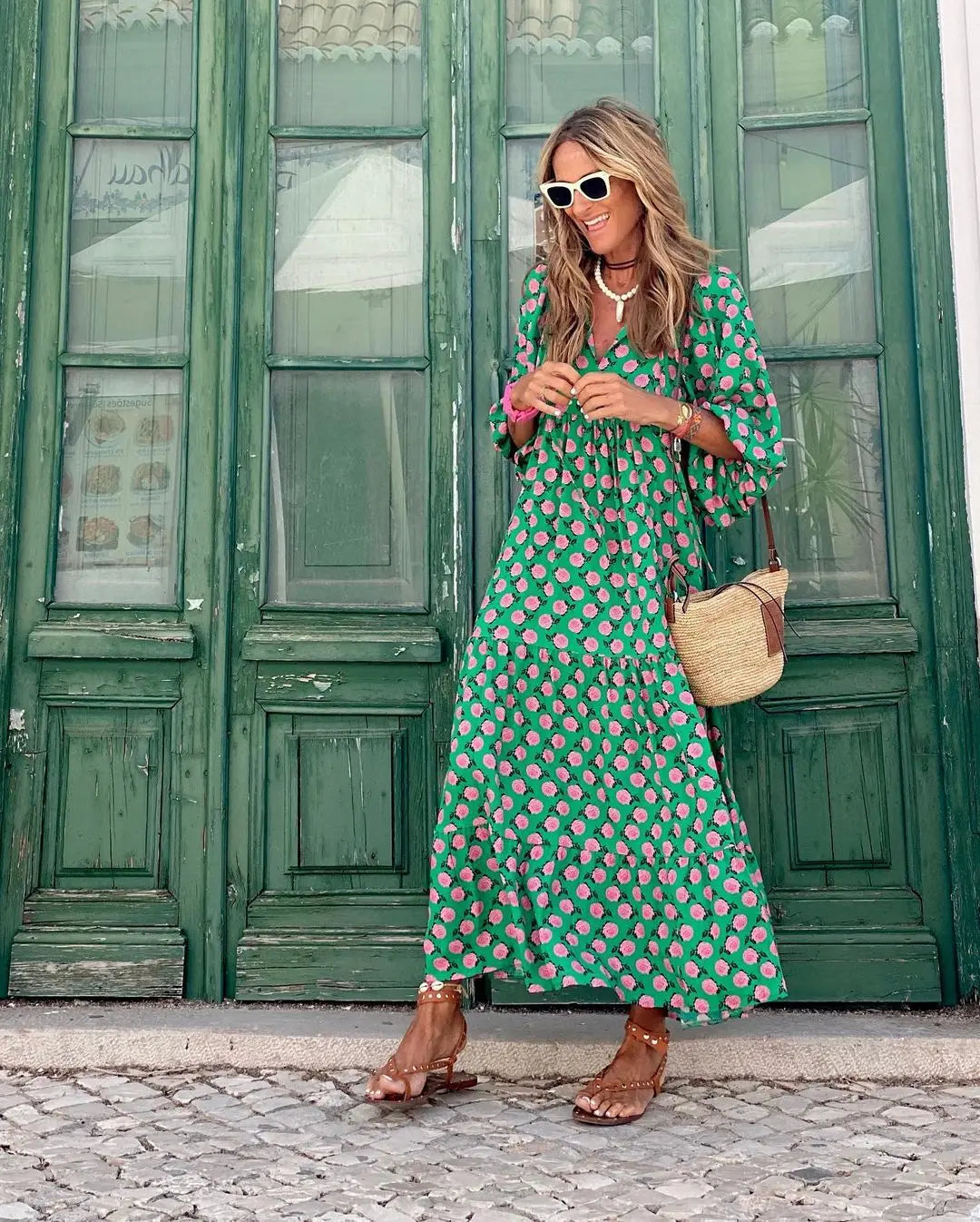 Spring Summer Loose Maxi Dresses Bohemian Floral Print Puff Sleeve V-Neck 2025 New Beach Dress Bodycon Casual Boho Vestidos Robe