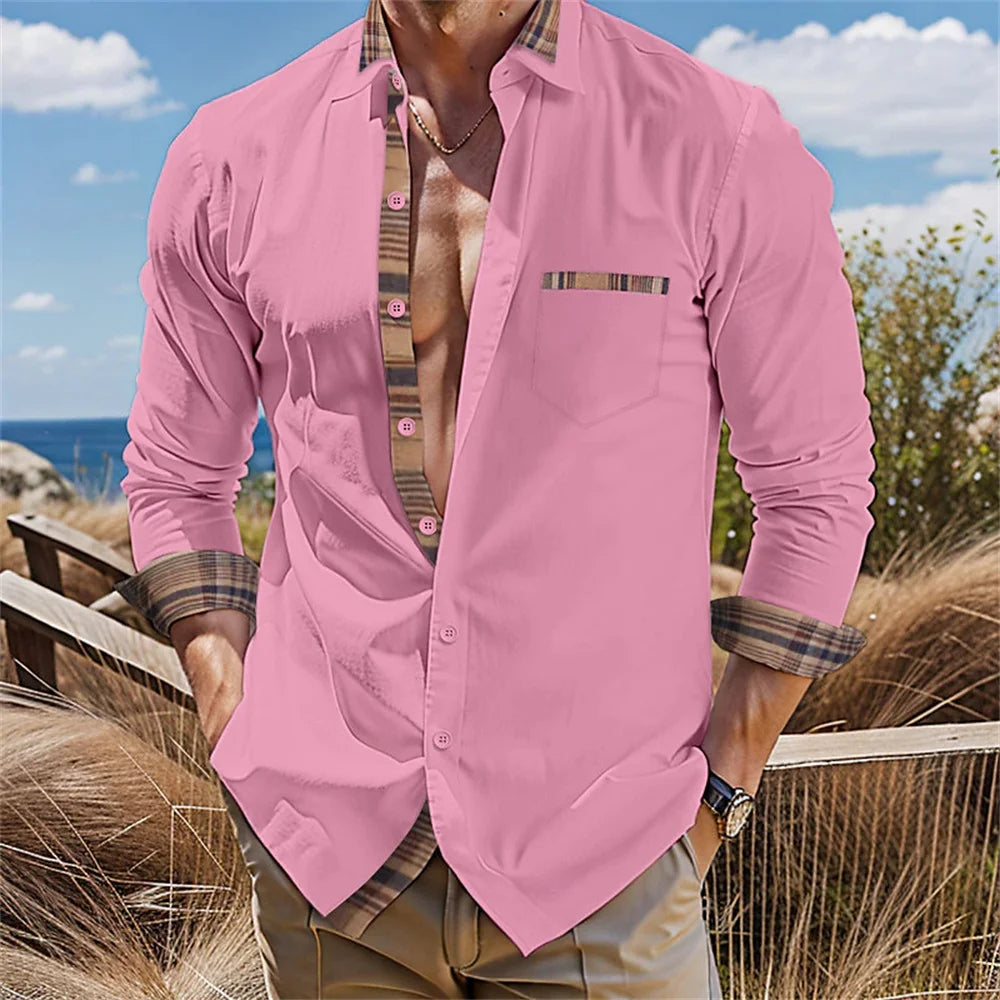 Men's button up shirt, black and white solid color, long sleeved striped cuffs, lapel collar, daily vacation pocket, fashionable