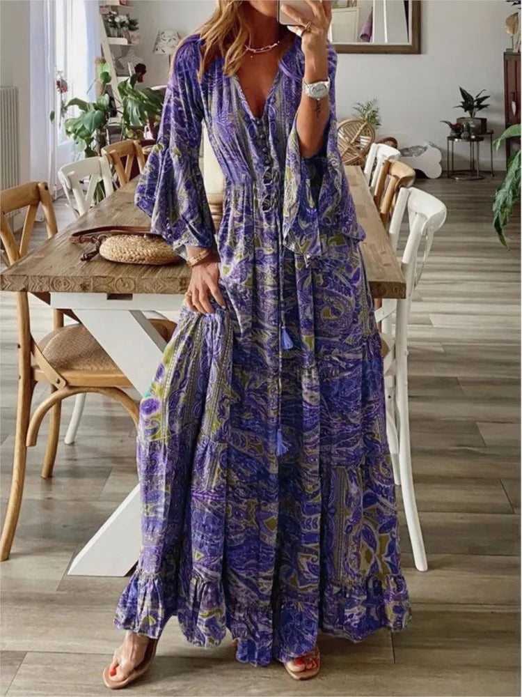 Spring Autumn Fashion Women's Dress Bohemian Style Retro Printed V-neck High Waist Bell Sleeve Loose Casual Floral Long Dress