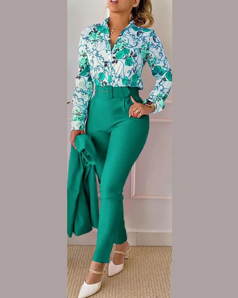 Women's Elegant Autumn/Winter Printed V-Neck Long Sleeve Button Shirt Top Fashion Solid Color Long Pants 2 Piece Set With Belt