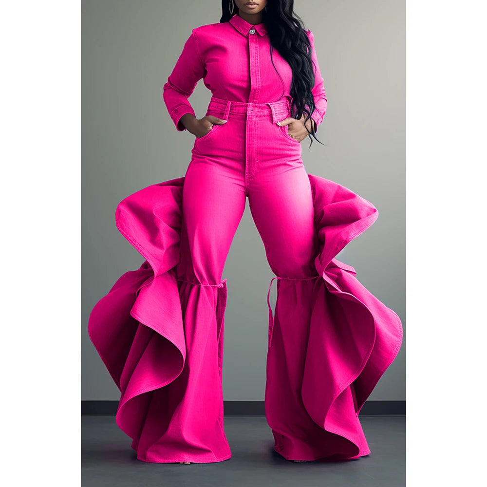 Plus Size Fashionable Women's Blue Jeans High Waist Ruffle Flared Casual Pink Denim Pants Spring Black Skinny Pants