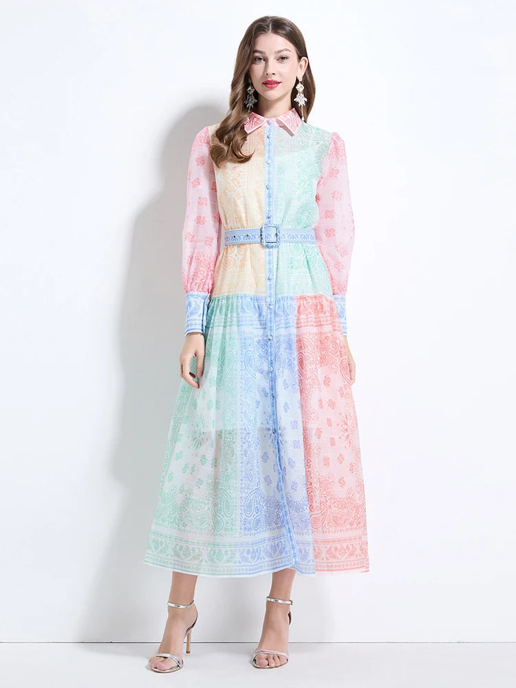 Spring Summer 2025 New Women Fashion Rainbow Print Elegant Shirt Long Dresses Vintage Single Breasted Party Dress Bohemian Trend