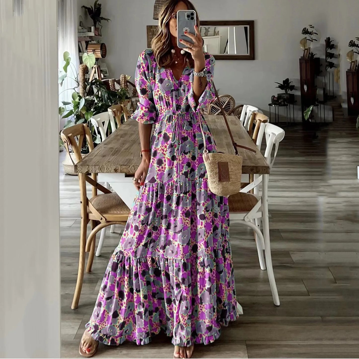 Spring Autumn Flower Print Long Dresses For Women Casual Holiday A-line Beach Dress Fashion Elegant Bohemian Style Maxi Vestidos
