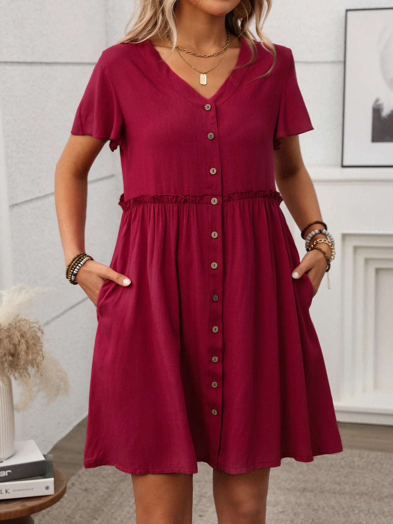 Spring Summer Button Down Dress Flutter Sleeve Cotton Linen A Line Dress With Pockets Beach Summer Knee Length Dresses For Women