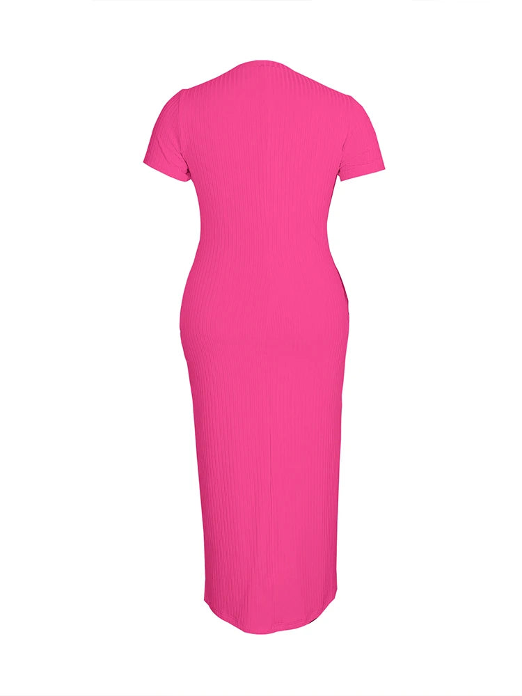 Plus Size 2024 Summer New Round Neck Short Sleeve Slim Hottie Ladies' Stylish Summer Solid Versatile Bodycon Dress