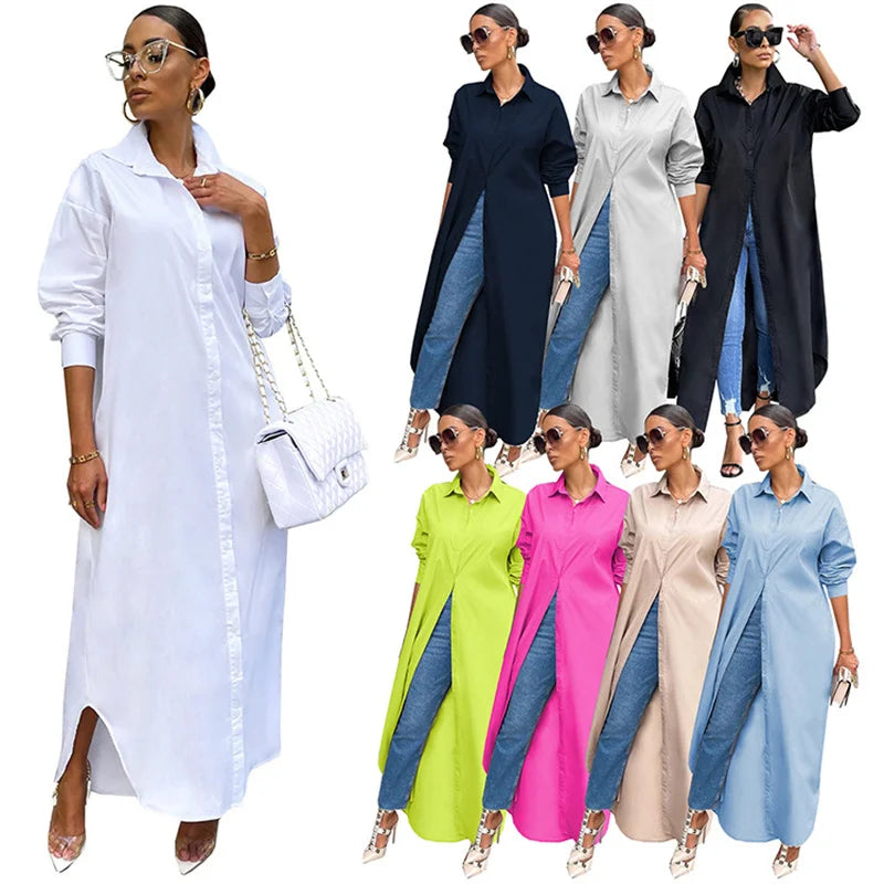 Spring Summer Long Sleeve Shirt Dress Women Turn-down Collar Button Up Straight Maxi Dress Loose Casual Long Dresses Vestidos