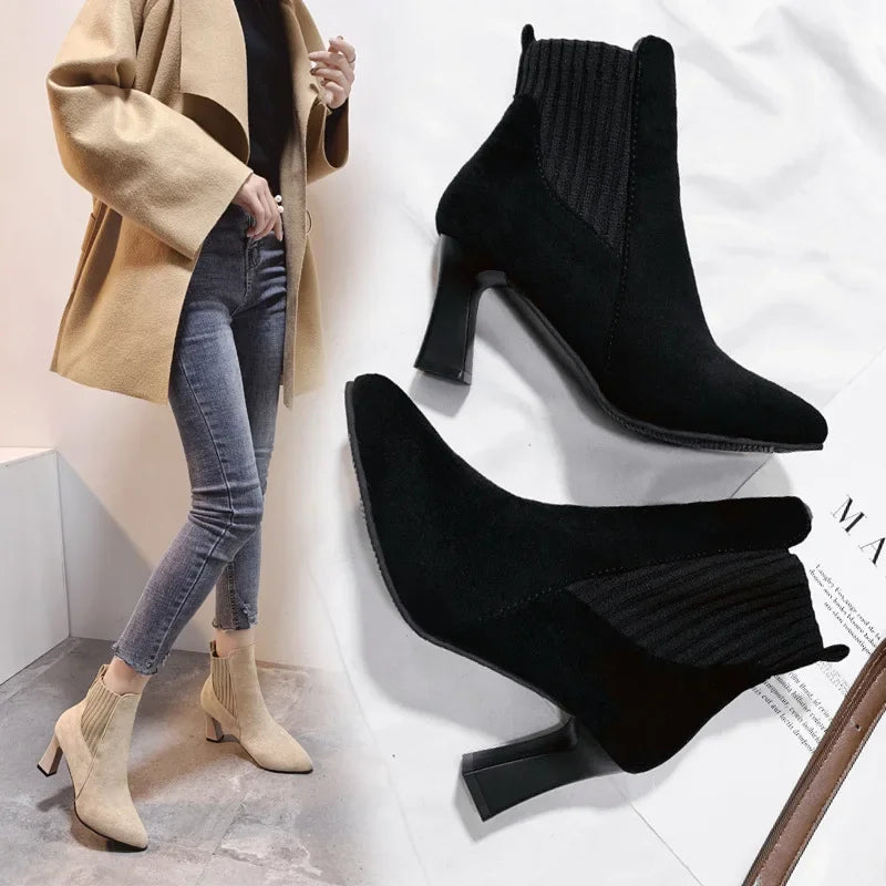 Ankle Boots Women 2024 Autumn Pointed Toe Knitted Warm Elastic Women's Shoes Casual High Heels Platform Boots Botas De Mujer