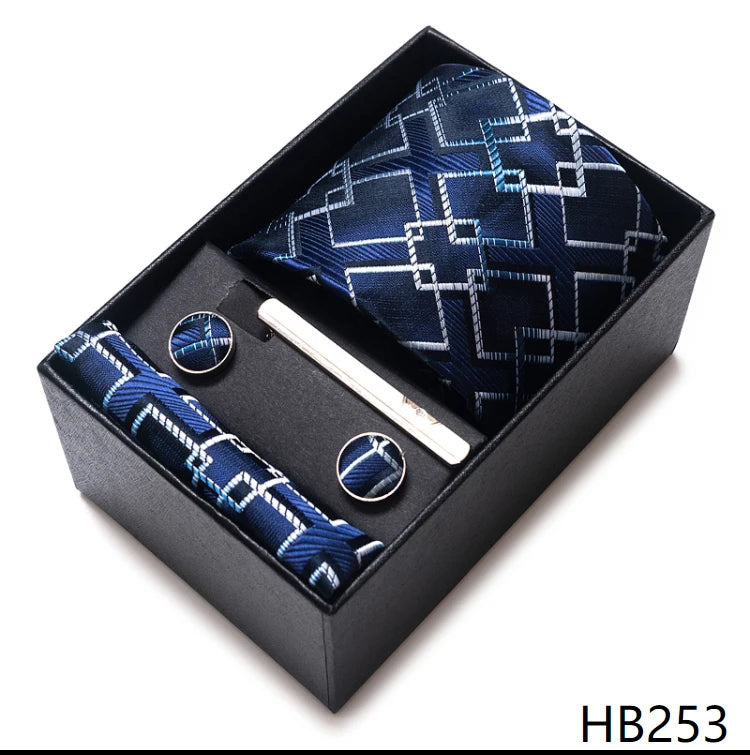 Tie Handkerchief Cufflink Set For Men Necktie Holiday Gift Box Blue Gold Suit Accessories Slim Wedding Gravatas