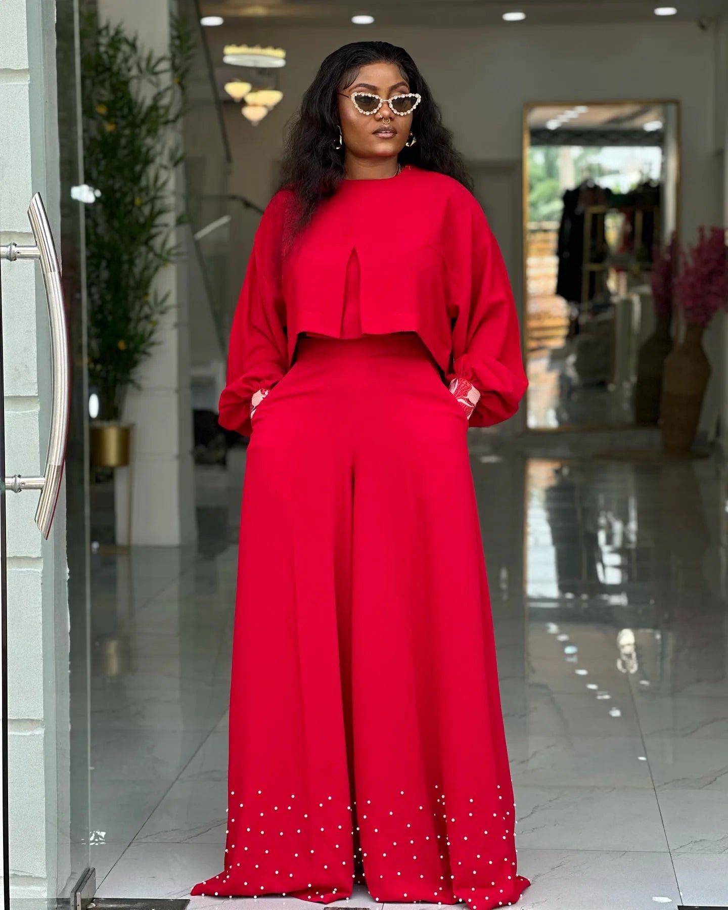 CM.YAYA Women's Set Long Sleeve High Low Maxi Blouse and Pearl Beading Wide Leg Pants 2025 Two 2 Piece Sets Outfits Tracksuit