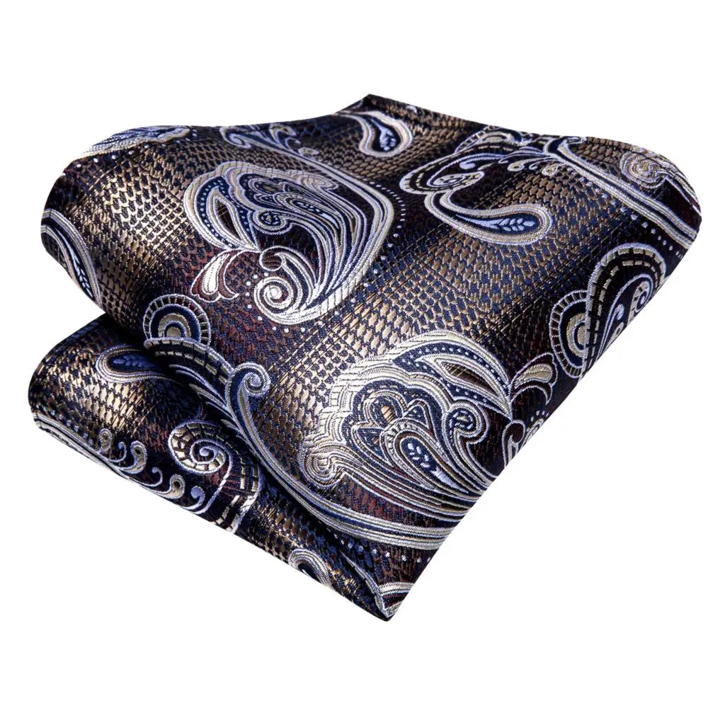 Hi-Tie Paisley Brown Tie For Men Elegant Mens Necktie Pocket Square Cufflink Groom Wedding Accessory Wholesale New Designer