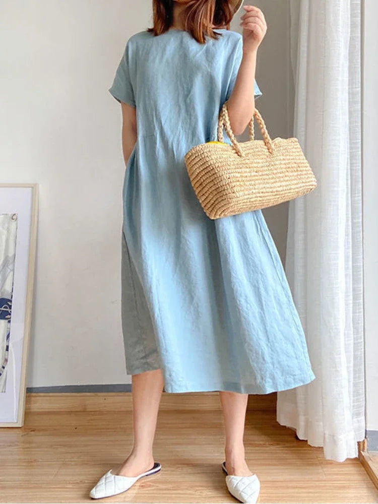 New in Spring Summer Women's Dress Elegant Casual Loose Short Sleeve Tops A-LINE Oversize Solid Midi Dresses for Women Clothing