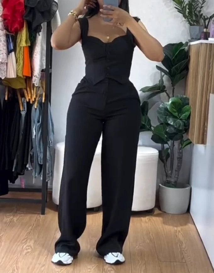 Women's Sexy Suits 2025 Spring Summer Latest 2 Piece Thick Strap Button Front Slim Fit Tank Top High Waist Wide Leg Pants Set