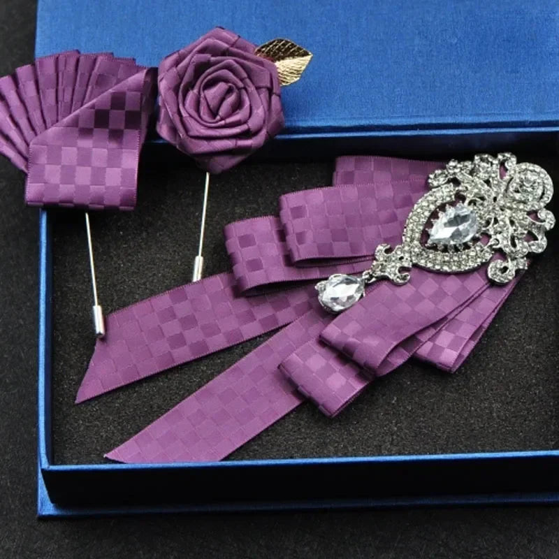 Fashion Handmade Bow Tie Wedding Collar Luxury Rhinestone Bowtie Necktie Brooch Pocket Towel Square Set Gift for Men Accessories