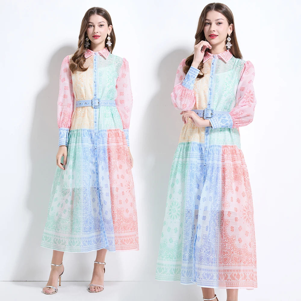Spring Summer 2025 New Women Fashion Rainbow Print Elegant Shirt Long Dresses Vintage Single Breasted Party Dress Bohemian Trend