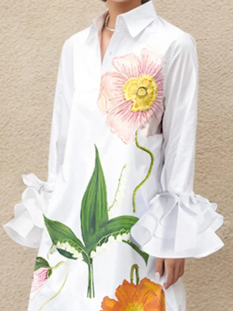 Womens Flower Printed Shirts Dress Elengant 2025 Fall Summer Spring Party Prom Wedding White Dresses Clothing for Woman
