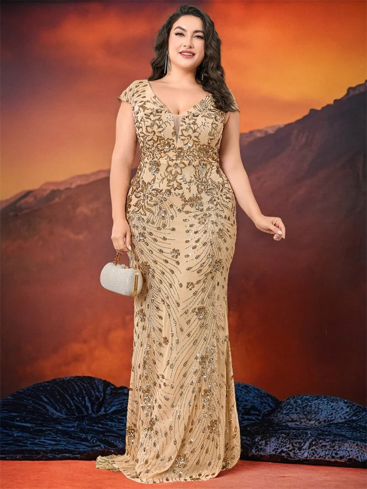 XUIBOL Plus Size Elegant Sequin Evening Dress Long 2024 Women Mermaid Formal Deep V-neck Prom Luxury Wedding Party Dresses
