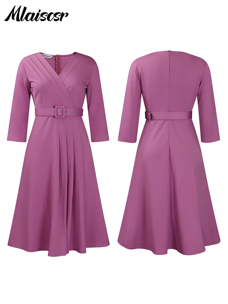 Mlaiscsr Evening Gowns Dresses with Belt Women Clothing V Neck 3/4 Sleeves A Line Pleataed Dress Occasion Elegant Office Outfits