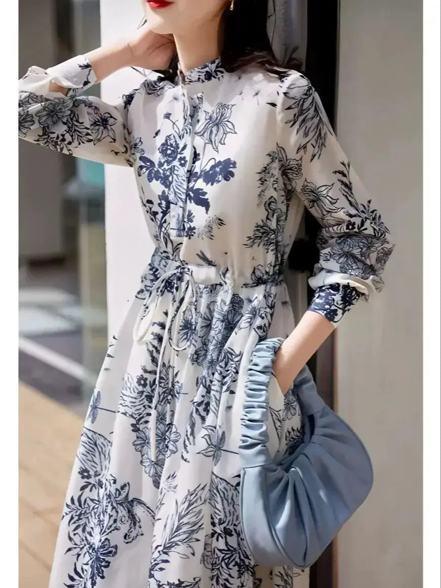 Women's spring and fall vintage print dress interpretation of elegant temperament lace-up slim French long sleeve long skirt