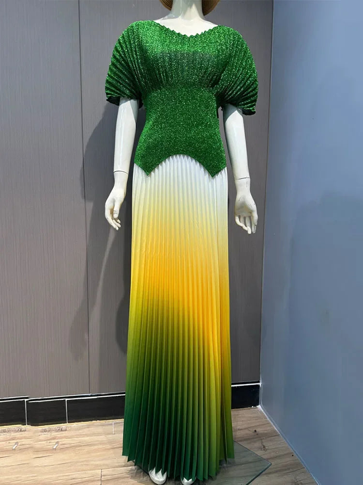 ANLAN Pleated 2 Pieces Set Women Fashion V Neck Short Batwing Sleeves Irregular Hem T-shirt&New Gradient A-line Folds Long Skirt