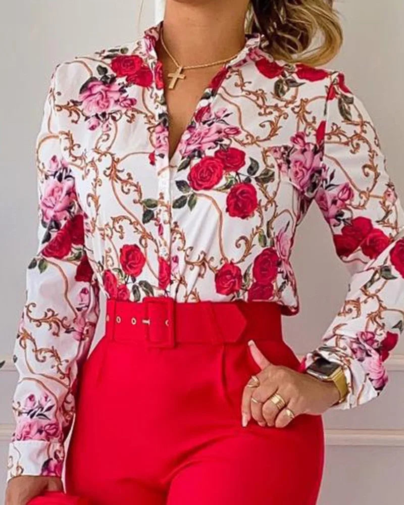 Women's Elegant Autumn/Winter Printed V-Neck Long Sleeve Button Shirt Top Fashion Solid Color Long Pants 2 Piece Set With Belt