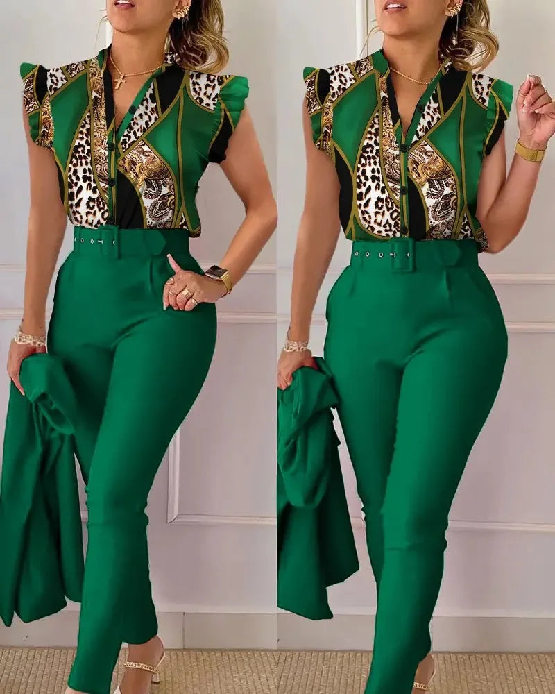 Elegant Women Printed Two Piece Suit Sets Spring Autumn V Neck Short Sleeve Shirt Top & Long Pants Set With Belt Workwear Outfit