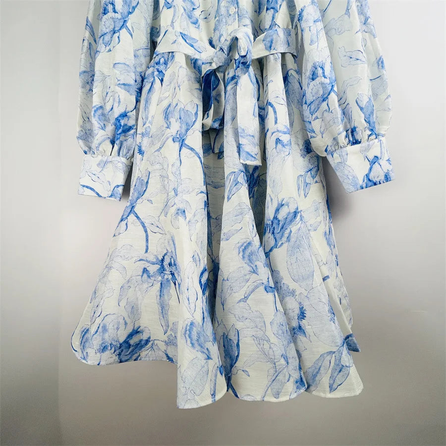 Lightweight Blue Printed Dress with Lace-up Waist Shirt Collar Ruffle 25 Spring and Summer New Style Dresses for Women Elegan