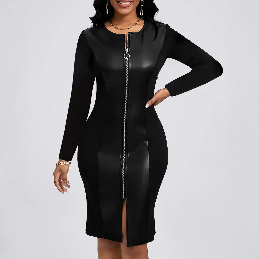Plus Size Elegant Zipper PU Leather V-Neck Midi Long Sleeve Bodycon Dress Women's plus Size Dress Fashionable Cross-Border Gown