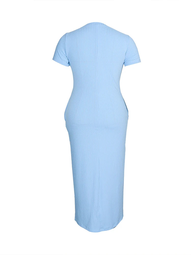 Plus Size 2024 Summer New Round Neck Short Sleeve Slim Hottie Ladies' Stylish Summer Solid Versatile Bodycon Dress