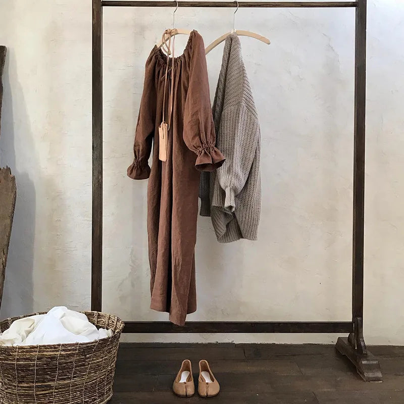 2025 New Spring Cotton Linen Dress for Women Solid Long Sleeve Drawstring Office Lady Elegant Maxi Dress