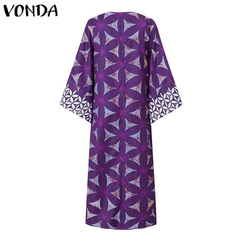 Plus Size 5XL VONDA Women Bohemian Printing Maxi Dress 2025 Vintage Sundress Casual 3/4 Sleeve Party Robe Loose O-Neck Vestidos