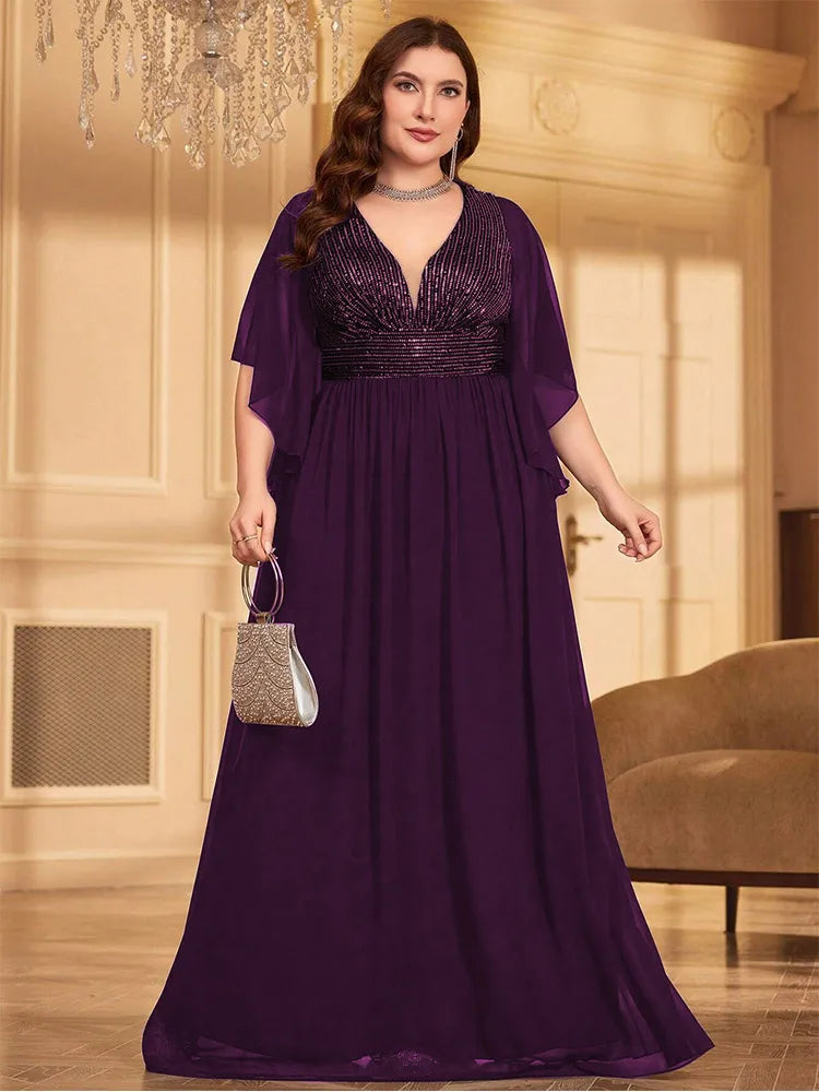 Plus Size V-Neck Black Short-Sleeved Chiffon Summer Evening Dress Bigsize Black Chiffon Floor-Length Bridesmaid Evening Dress