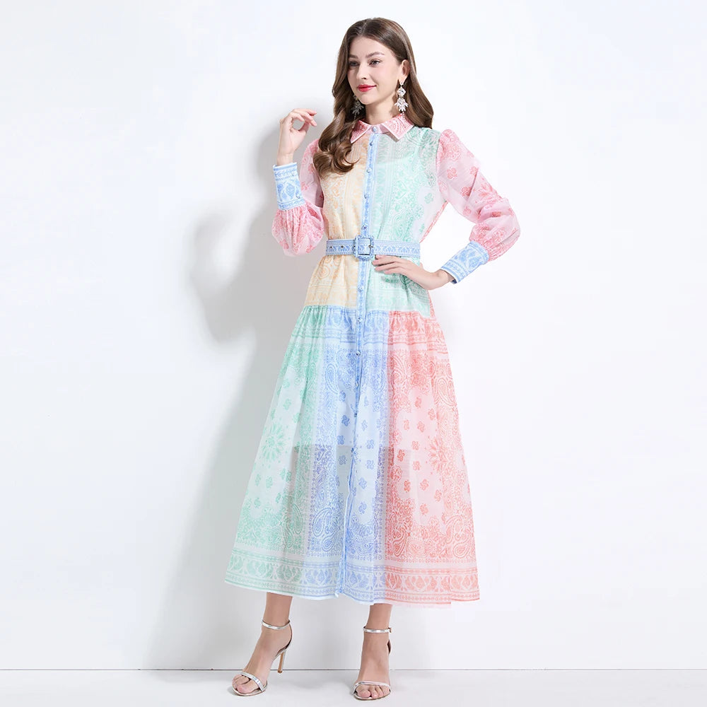 Spring Summer 2025 New Women Fashion Rainbow Print Elegant Shirt Long Dresses Vintage Single Breasted Party Dress Bohemian Trend