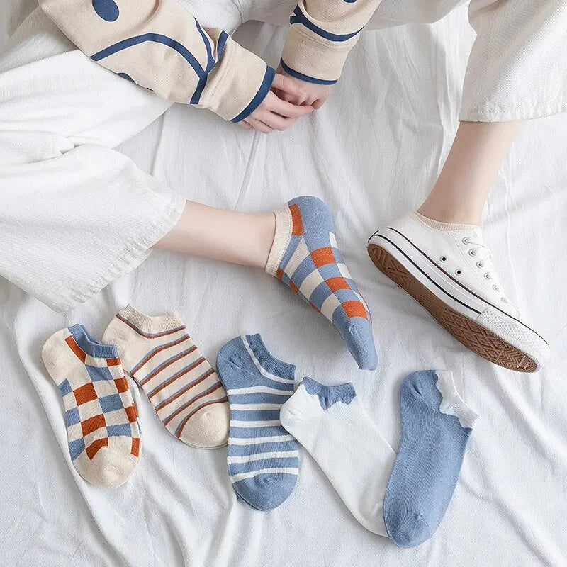 6 Pairs of Women's Spring and Summer Four Season Striped Plaid Fashion Trend Simple and Comfortable Sports Style Socks