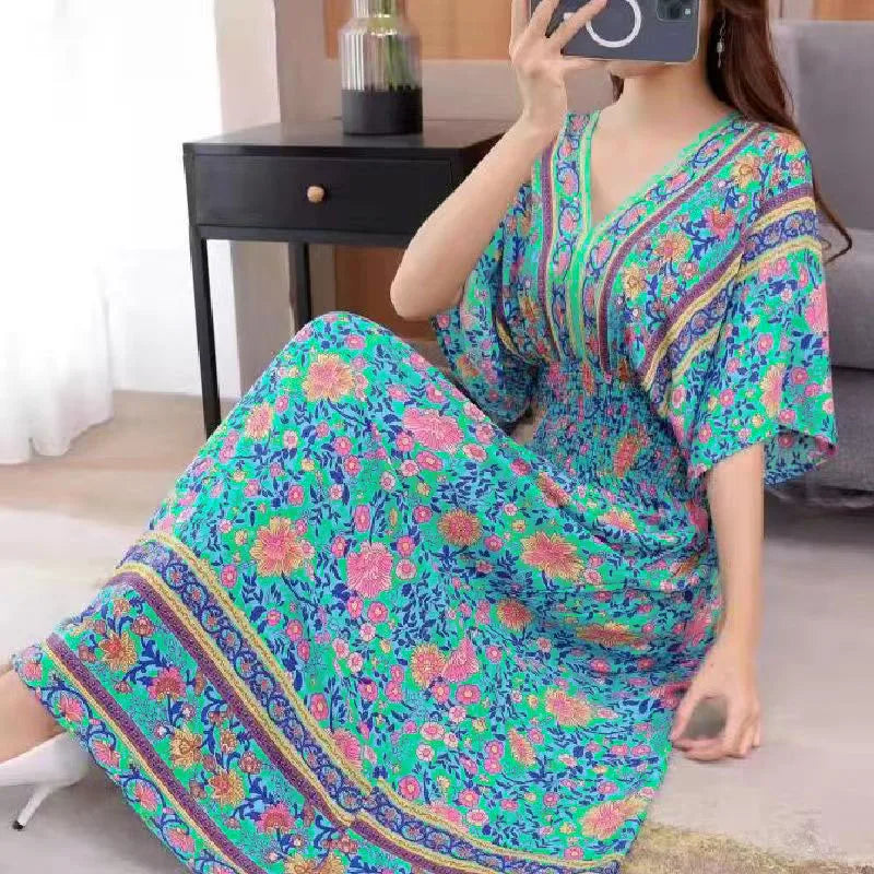 Spring New In Women's Dress V-Neck Short Sleeve Dress Elegant Sweet Print Dress Casual Retro Boho Elastic Waist A-Line Dress