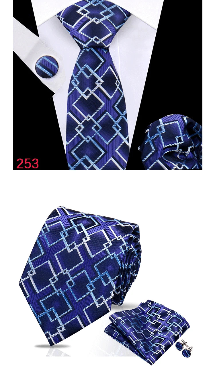 Luxury Plaid Tie For Mens Necktie Handkerchief Pocket Square Cufflinks Set Jacquard Woven Ties Wedding Business Accessories