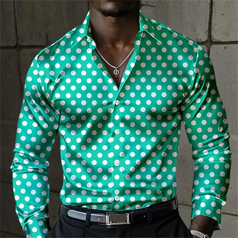 2024 Fashion Men's Elegant Shirt Spotted 3D Printed Lapel Button Up Classic Long Sleeve Shirt Temperament Men's Partywear