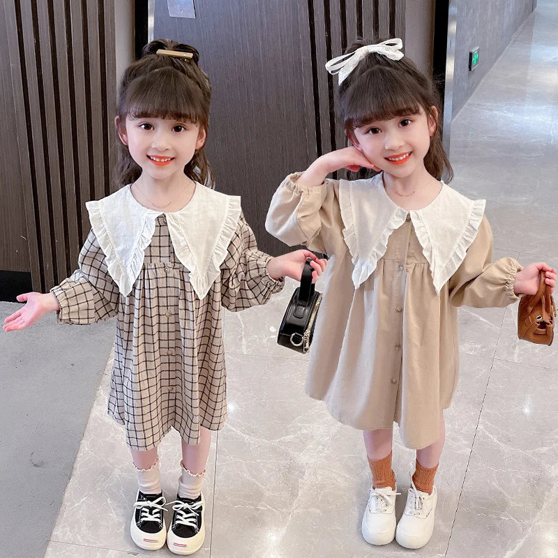 Autumn/Winter Girls' Dress Lapel Lace Lace Pleated Plaid/Solid Color Puffy Sleeve Garden Cotton And Linen Dress (Girls 0-3 Years