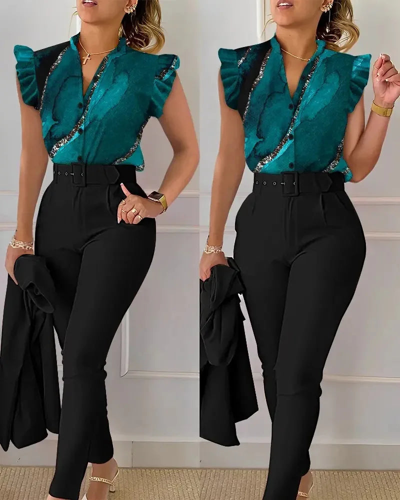 Elegant Women Printed Two Piece Suit Sets Spring Autumn V Neck Short Sleeve Shirt Top & Long Pants Set With Belt Workwear Outfit