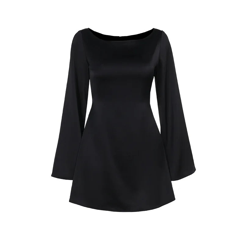 Satin Dress for Women Fashion Vintage Streetwear Dresses Solid Slim Long Sleeve Lace Up Mini Autumn Winter Dresses