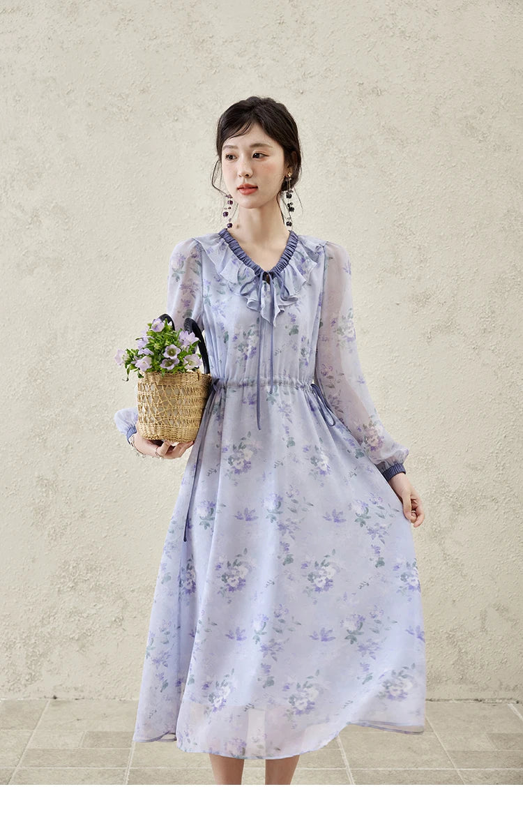 MISHOW Print Spring Summer Dress for Women New 2025 Ruffled V-neck Long Sleeve Blue French Dresses Female Fashion MXE15L2139